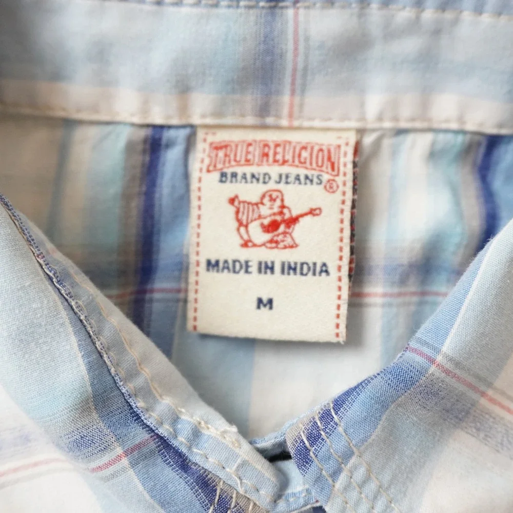 True Religion Western Pearl Snap Shirt Medium Mens Blue White Plaid Cowboy Yoke